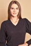 V-Neck Sleeve Gathered Long Sleeve Light Flexible Knitwear Blouse-Black - 5