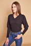 V-Neck Sleeve Gathered Long Sleeve Light Flexible Knitwear Blouse-Black - 4