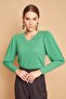 V-Neck Sleeve Gathered Long Sleeve Light Flexible Knitwear Blouse-Emerald - 4
