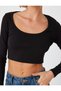 Long Sleeve Crop T-Shirt Ribbed Deep Round Neck Cotton Slim Fit - 5