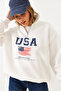 Women's White Arım Zippered Usa Printed Stand Collar Sweatshirt 60251880
