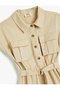 Shirt Collar Dress with Cargo Pockets, Belt Detail, Buttoned, Cotton - 3
