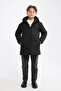 Boy's Black Fiber Hooded Windproof Puffer Winter Jacket - 2