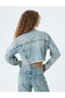 Crop Denim Jacket with Round Collar, Eyelet Detail, Pockets and Buttons - 4