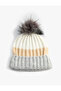 Color Blocked Pompom Knitted Beanie - Fold Detailed