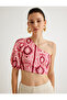 X Melis Ağazat - One-Shoulder Balloon Sleeve Crop Blouse with Ethnic Pattern Slim Fit