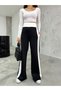 Women's Black Side Striped Scuba Wide Leg Trousers - 5