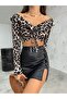 Women's Leopard Print Gathered Front Madonna Collar Flywheel Sleeve Crop Blouse