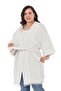 Large Size Bat Sleeve Skirt with Pompom Belted Pocket Lined Navy Blue Striped Kimono on White - 2