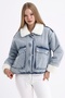 Women's Fur Lined Double Pocket Zippered Snap Closure Snow Wash Denim Coat - 2