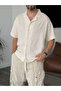 Beige Leaf Embroidered Short Sleeve Shirt V-40-881 - 6