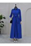 Half button front cross tied linen dress -sax - 2