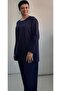 Navy Blue Round Neck Bottom Top Suit Combed Cotton Viscose Pajama Set - 5