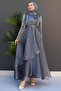 Stone-Embellished Organza Evening Dress Dark Gray