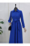 Half button front cross tied linen dress -sax