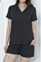 Women's Shorts Pajama Set Short Sleeve Buttoned Pocketed Black Striped