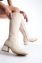 Women's Below the Knee Wrinkled Cream Heeled Shiny Detailed Zippered Leather Look Long Boots - 3