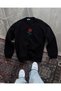 Women's Oversize Hooded Pocketed Rose Printed 3-Yarn Cotton Hoodie Sweatshirt - Black - 4