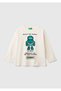 Boy's Ecru Printed Crew Neck Long Sleeve T-Shirt