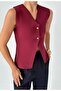 Women's Burgundy Double-Breasted Collar Gold Button Detailed Design Knitwear Vest - 2