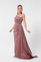 Women's Salmon One Shoulder Satin Evening Dress & Graduation Dress - 5