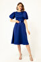 Women's Sax Balloon Sleeve, Stone Belted Mini Satin Evening Dress - 4