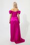 Women's Fuchsia Boat Neckline Long Satin Evening Dress & Graduation Dress - 5