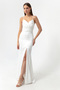 Women's White Strap Slit Long Satin Evening Dress & Graduation Dress - 2