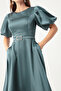 Women's Turquoise Balloon Sleeve Stone Belted Mini Satin Evening Dress - 4