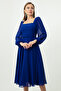 Women's Cobalt Blue Square Collar Belted Midi Chiffon Evening Dress - 2