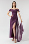 Women's Plum Boat Neck Draped Slit Long Glittery Evening Dress - 2