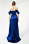 Women's Cobalt Slim Fit Boat Neck Slit Long Satin Evening Dress - 5