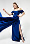 Women's Cobalt Slim Fit Boat Neck Slit Long Satin Evening Dress - 4
