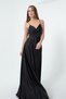 Women's Black Satin Long Evening Dress & Graduation Dress with Rope Straps and Waist Belt
