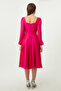 Women's Fuchsia Square Neck Belted Midi Chiffon Evening Dress - 5