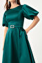 Women's Emerald Green Balloon Sleeve Stone Belted Mini Satin Evening Dress - 4