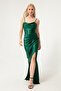 Women's Emerald Green Underwire Corset Detailed Slit Long Evening Dress - 3