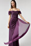 Women's Plum Boat Neck Draped Slit Long Glittery Evening Dress