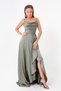 Women's Khaki Flounce Slit Satin Evening Dress & Graduation Dress - 2