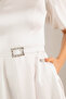 Women's White Balloon Sleeve Stone Belted Mini Satin Evening Dress - 2