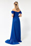 Women's Cobalt Blue Boat Neck Draped Slit Long Glitter Evening Dress - 5