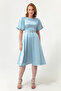 Women's Baby Blue Balloon Sleeve, Stone Belted Mini Satin Evening Dress