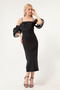 Women's Black Princess Sleeve Bead Strap Organza Midi Evening Dress - 2