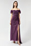 Women's Plum Boat Neck Draped Slit Long Glittery Evening Dress - 3