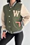 Women's Khaki Sleeves Furry College Jacket with Snap Buttons and Pockets - 6