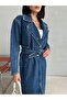 Dark Blue Zeo Basic Denim Trench Coat and Overcoat - 5