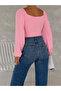 Women's Candy Pink Balloon Sleeve Tied Corset Look Madonna Collar Diver Fabric Crop Blouse - 3