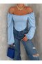 Women's Baby Blue Square Neck Striped Long Balloon Sleeve Diver Fabric Crop Blouse - 2
