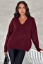 Women's Burgundy V-Neck Standard Size Oversize Basic Knitwear Sweater - 2