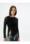 Tulle T-Shirt Asymmetrical Cut Drape Detailed Long Sleeve Crew Neck - 2